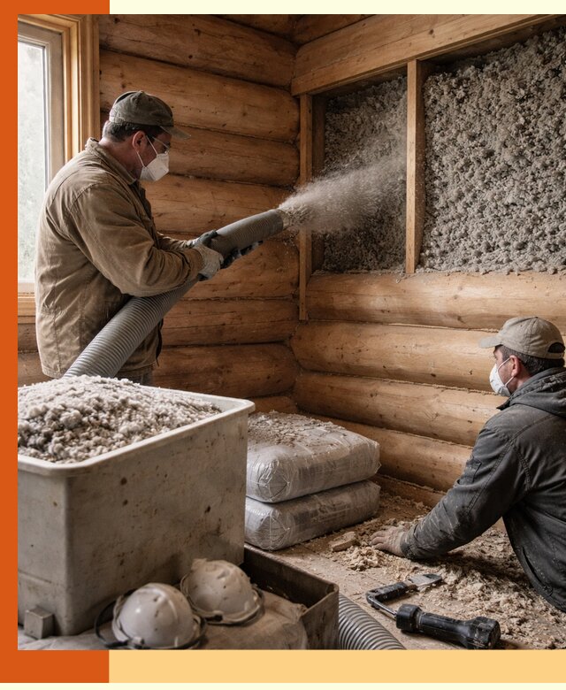 Утепление дома из бруса эковатой в Карталах