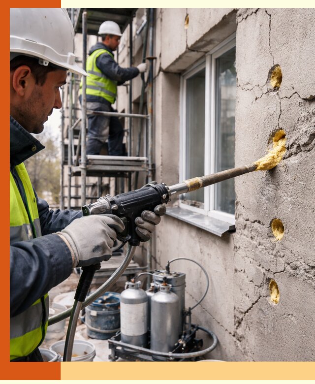 Заполнение пустот в фасаде и утепление стен в Карталах